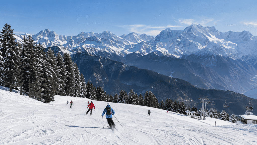 Auli ski slopes with snow-covered Himalayan mountains in Uttarakhand