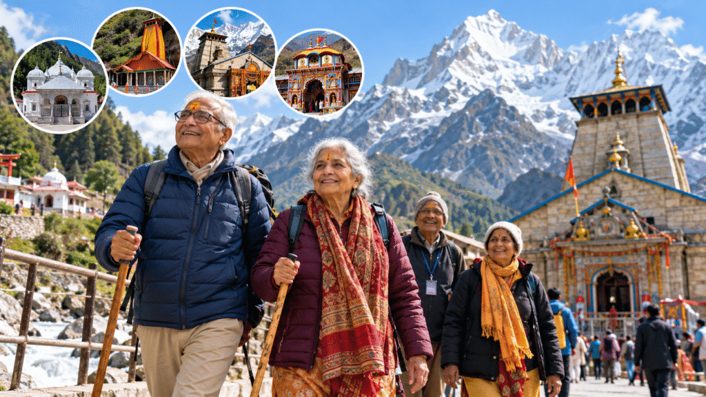 Senior citizens on Char Dham Yatra in Uttarakhand with Kedarnath Temple, Himalayan mountains and four sacred Dhams in the background.