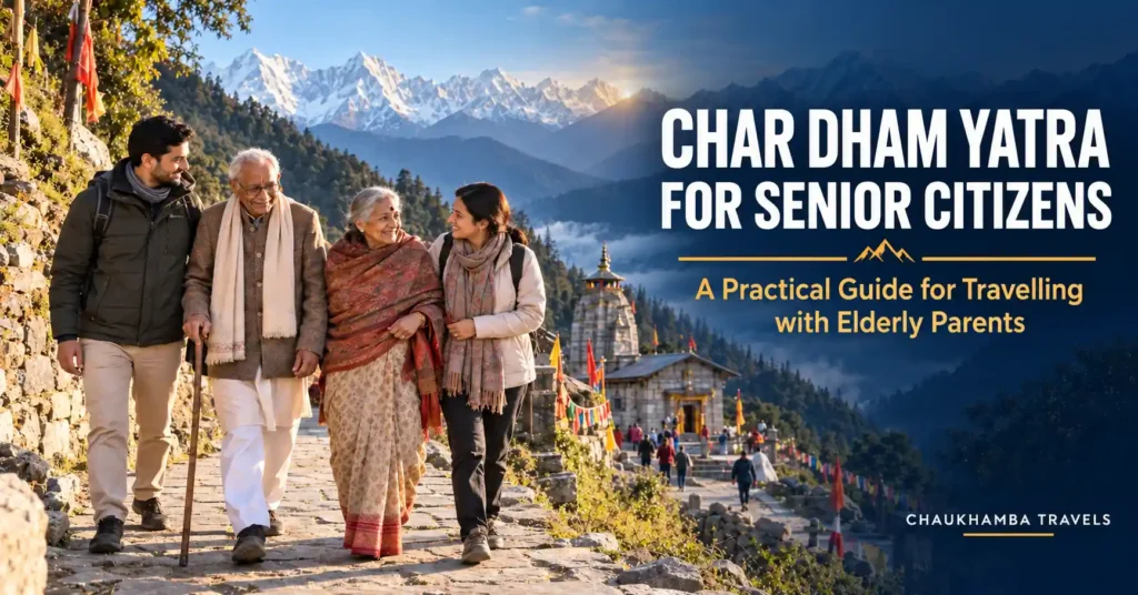 Elderly Indian parents travelling with family during Char Dham Yatra in Uttarakhand
