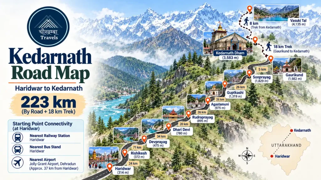 Kedarnath road map from Haridwar via Rishikesh, Devprayag, Rudraprayag, Guptkashi, Sonprayag and Gaurikund with 18 km trek to Kedarnath Dham