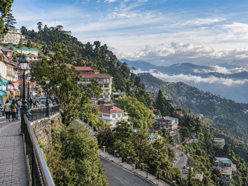 Scenic Mussoorie hill station with mountain roads, green hills and valley views