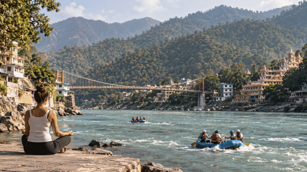 Rishikesh Ganga river with river rafting, yoga and Himalayan mountain views