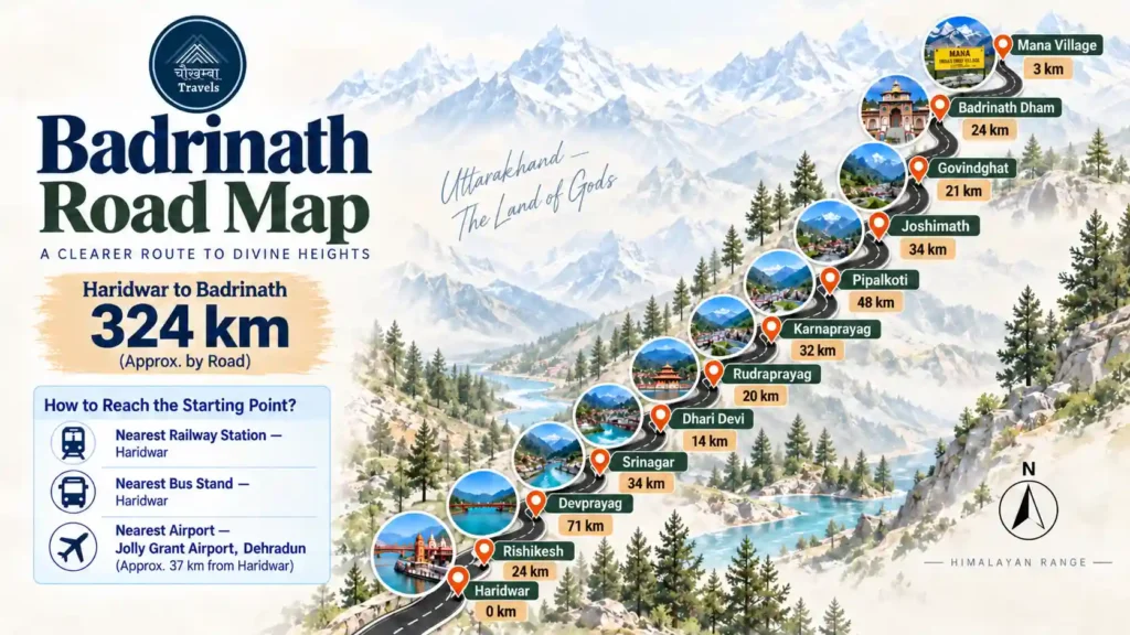 Badrinath road map from Haridwar via Rishikesh, Devprayag, Rudraprayag, Joshimath and Mana Village