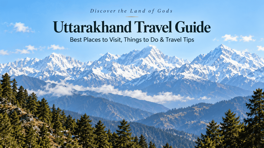 cenic Uttarakhand landscape with Himalayan mountains, lake, river and hill town