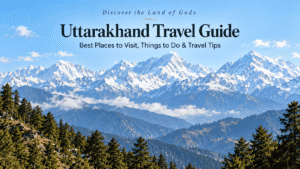 cenic Uttarakhand landscape with Himalayan mountains, lake, river and hill town