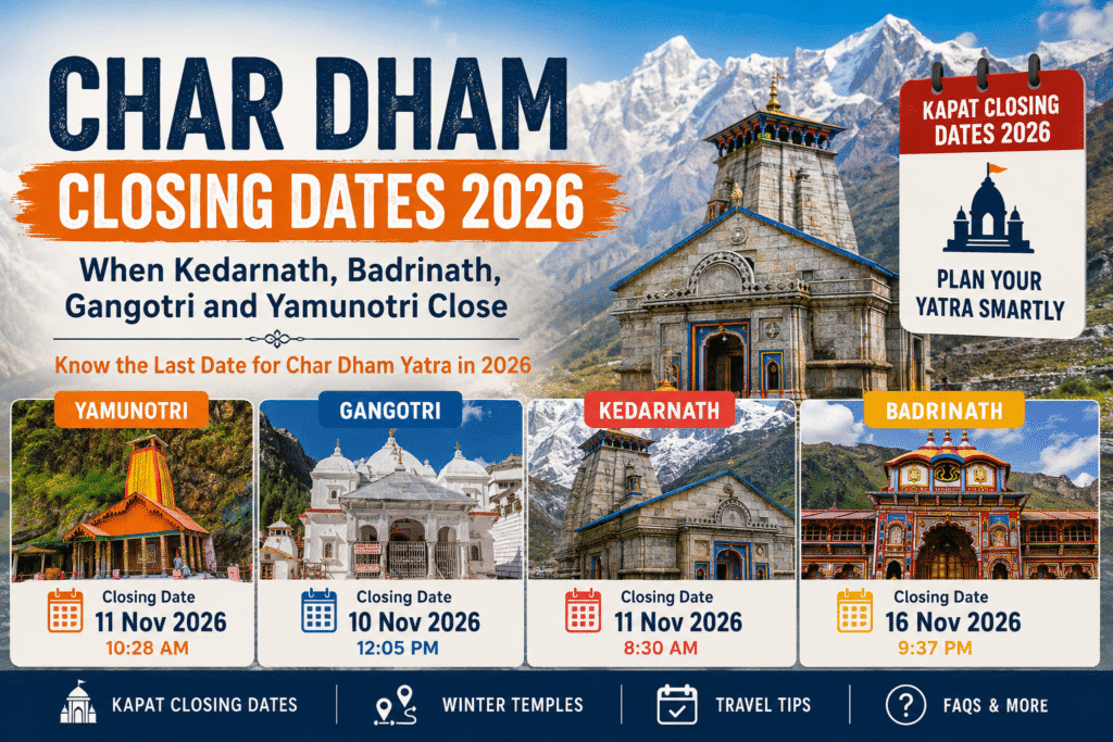 Char Dham closing dates 2026 for Kedarnath, Badrinath, Gangotri and Yamunotri temples